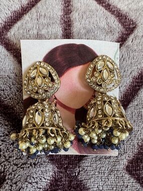 Gold Kundan & CZ Jhumka Earrings with Pearl & Navy Bead Accents